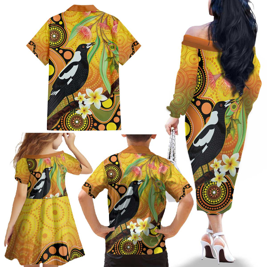 Australia Eucalyptus Flower And Magpie Family Matching Off The Shoulder Long Sleeve Dress and Hawaiian Shirt Aboriginal Art