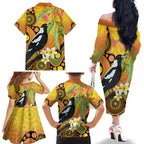 Australia Eucalyptus Flower And Magpie Family Matching Off The Shoulder Long Sleeve Dress and Hawaiian Shirt Aboriginal Art