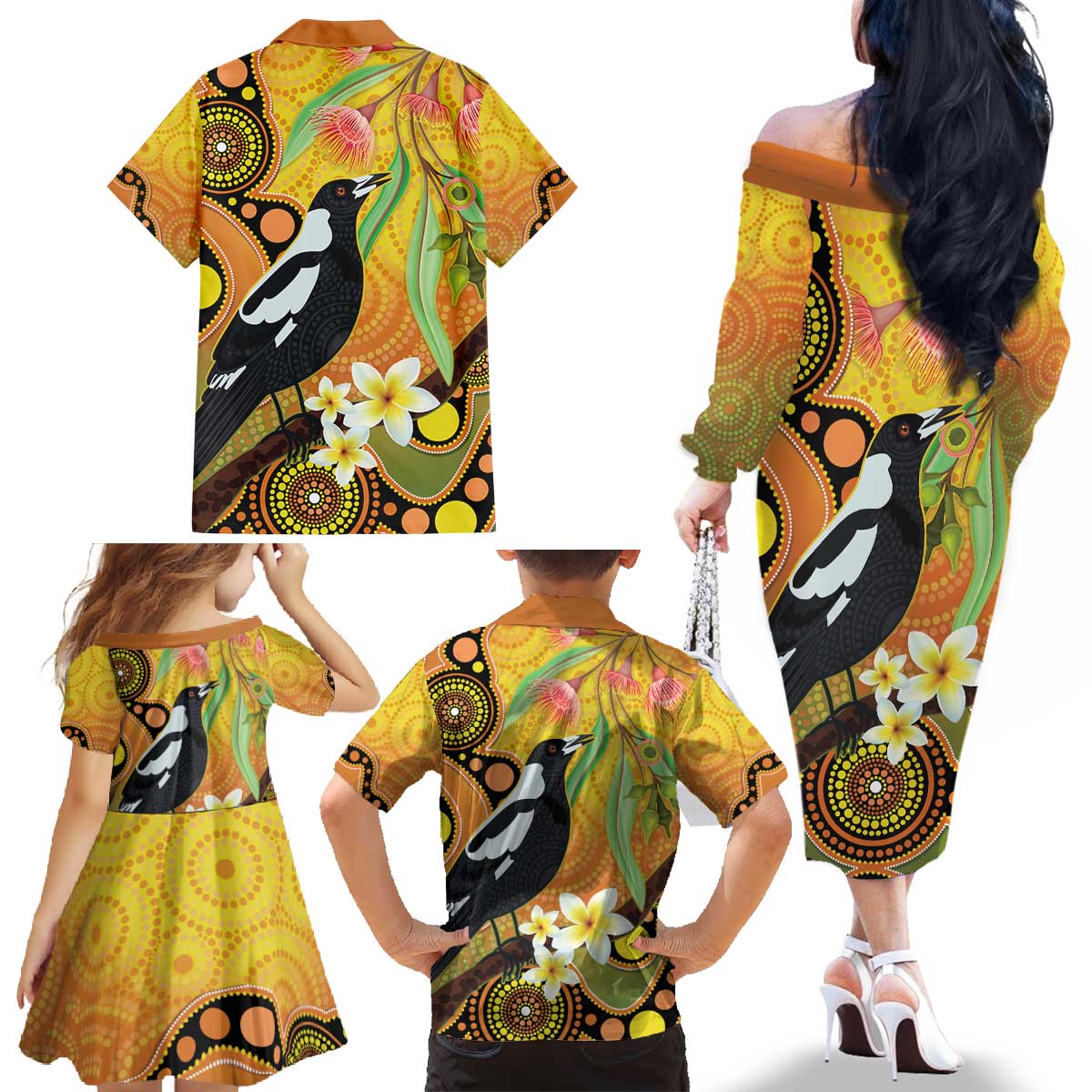 Australia Eucalyptus Flower And Magpie Family Matching Off The Shoulder Long Sleeve Dress and Hawaiian Shirt Aboriginal Art