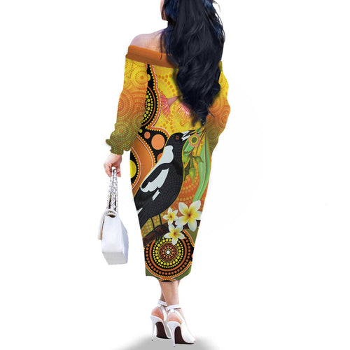 Australia Eucalyptus Flower And Magpie Family Matching Off The Shoulder Long Sleeve Dress and Hawaiian Shirt Aboriginal Art