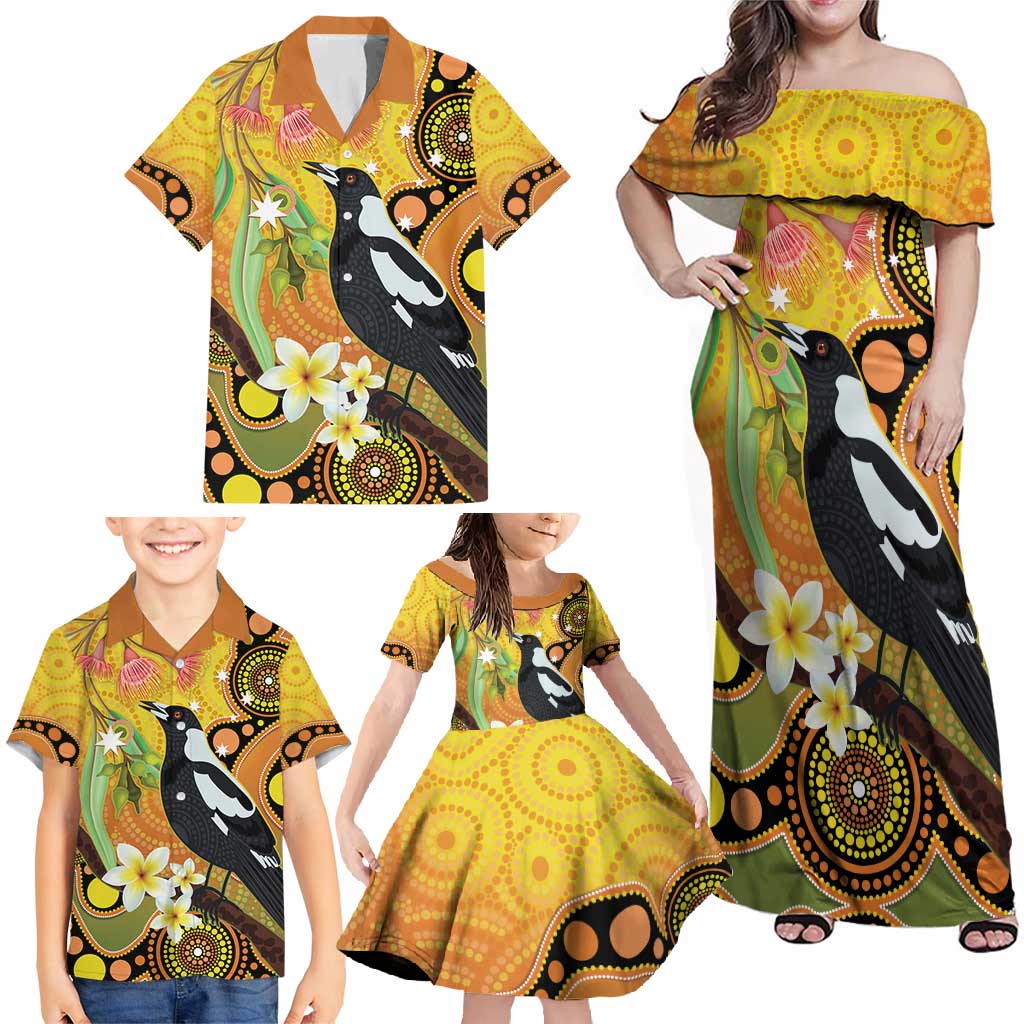Australia Eucalyptus Flower And Magpie Family Matching Off Shoulder Maxi Dress and Hawaiian Shirt Aboriginal Art