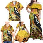 Australia Eucalyptus Flower And Magpie Family Matching Off Shoulder Maxi Dress and Hawaiian Shirt Aboriginal Art