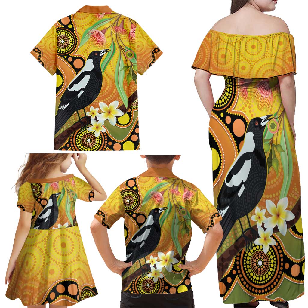 Australia Eucalyptus Flower And Magpie Family Matching Off Shoulder Maxi Dress and Hawaiian Shirt Aboriginal Art