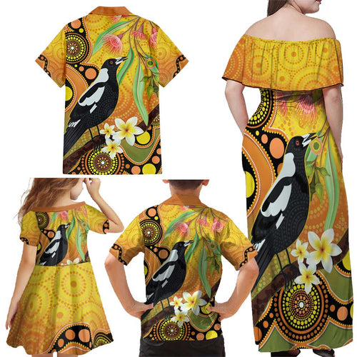 Australia Eucalyptus Flower And Magpie Family Matching Off Shoulder Maxi Dress and Hawaiian Shirt Aboriginal Art