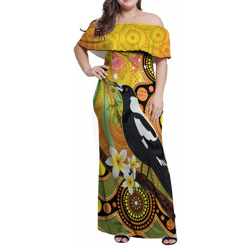 Australia Eucalyptus Flower And Magpie Family Matching Off Shoulder Maxi Dress and Hawaiian Shirt Aboriginal Art