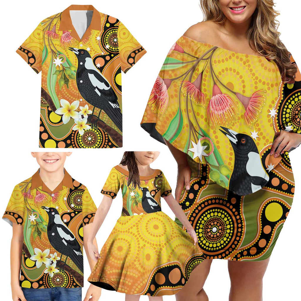 Australia Eucalyptus Flower And Magpie Family Matching Off Shoulder Short Dress and Hawaiian Shirt Aboriginal Art