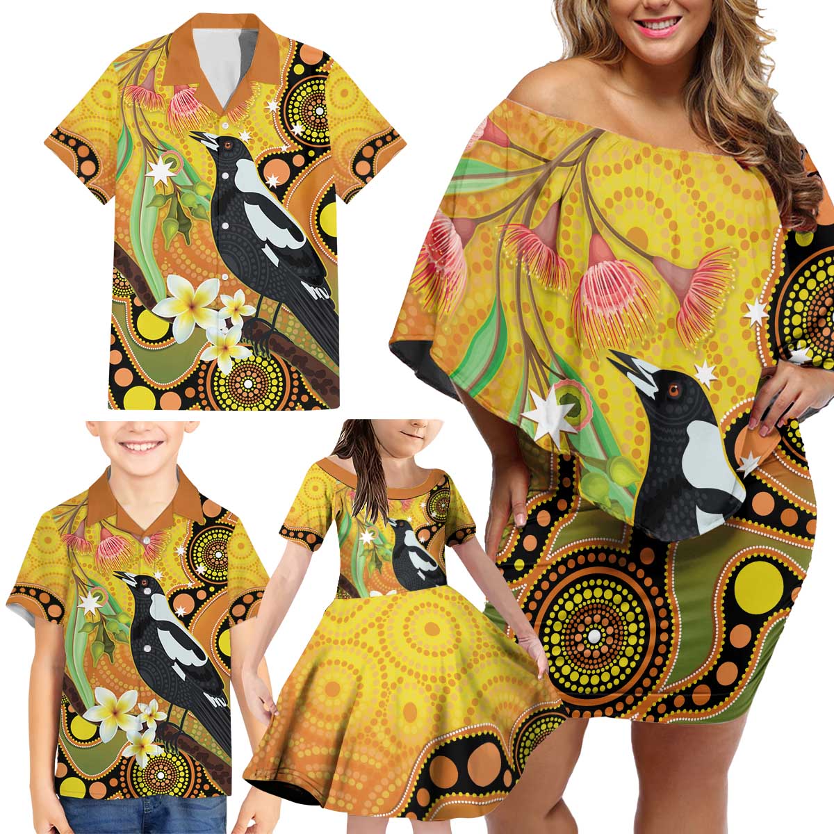 Australia Eucalyptus Flower And Magpie Family Matching Off Shoulder Short Dress and Hawaiian Shirt Aboriginal Art