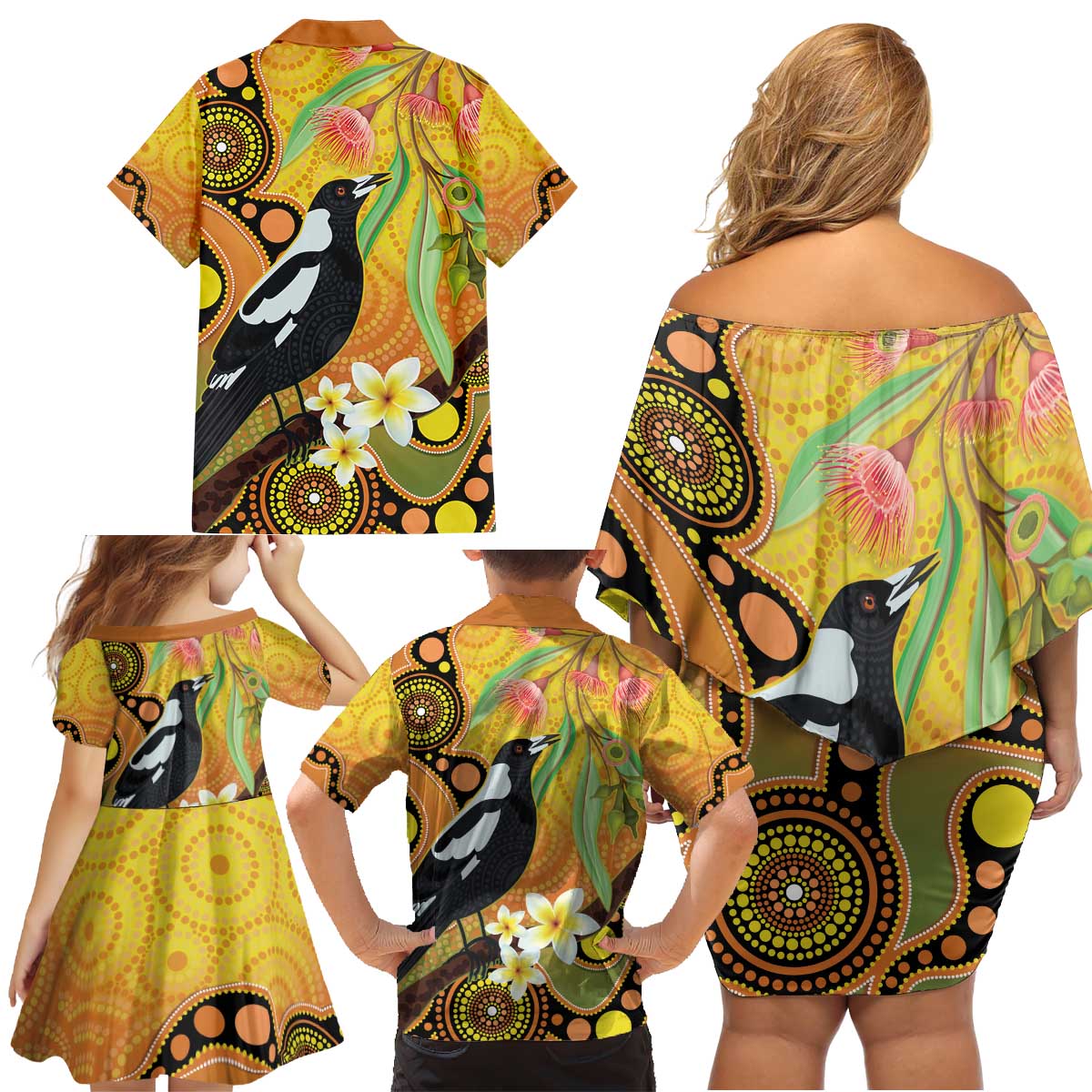 Australia Eucalyptus Flower And Magpie Family Matching Off Shoulder Short Dress and Hawaiian Shirt Aboriginal Art