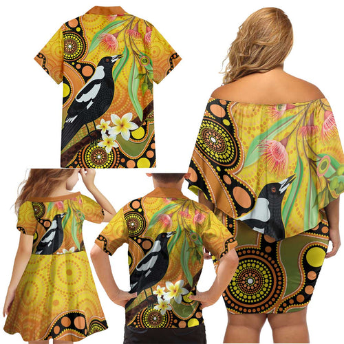 Australia Eucalyptus Flower And Magpie Family Matching Off Shoulder Short Dress and Hawaiian Shirt Aboriginal Art