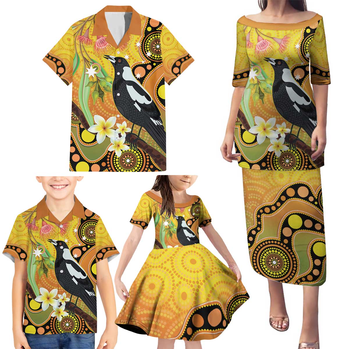 Australia Eucalyptus Flower And Magpie Family Matching Puletasi and Hawaiian Shirt Aboriginal Art