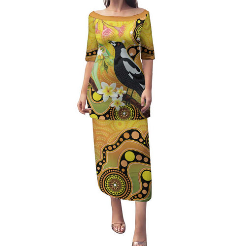 Australia Eucalyptus Flower And Magpie Family Matching Puletasi and Hawaiian Shirt Aboriginal Art