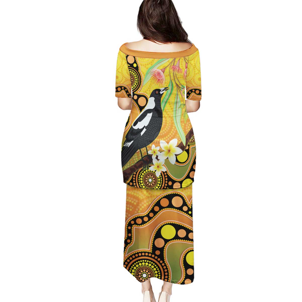 Australia Eucalyptus Flower And Magpie Family Matching Puletasi and Hawaiian Shirt Aboriginal Art