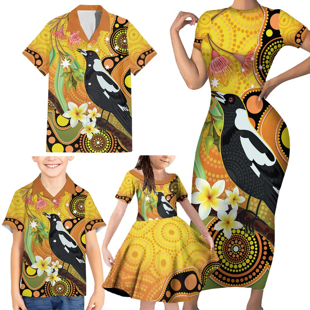 Australia Eucalyptus Flower And Magpie Family Matching Short Sleeve Bodycon Dress and Hawaiian Shirt Aboriginal Art