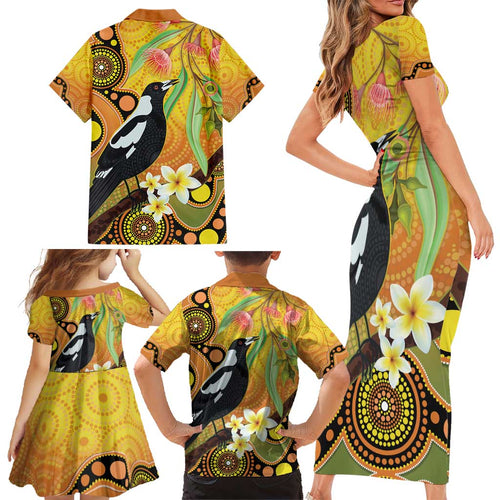 Australia Eucalyptus Flower And Magpie Family Matching Short Sleeve Bodycon Dress and Hawaiian Shirt Aboriginal Art