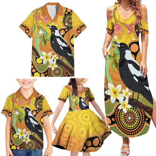 Australia Eucalyptus Flower And Magpie Family Matching Summer Maxi Dress and Hawaiian Shirt Aboriginal Art