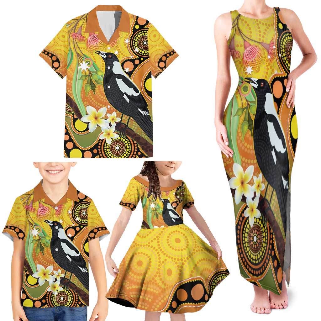Australia Eucalyptus Flower And Magpie Family Matching Tank Maxi Dress and Hawaiian Shirt Aboriginal Art