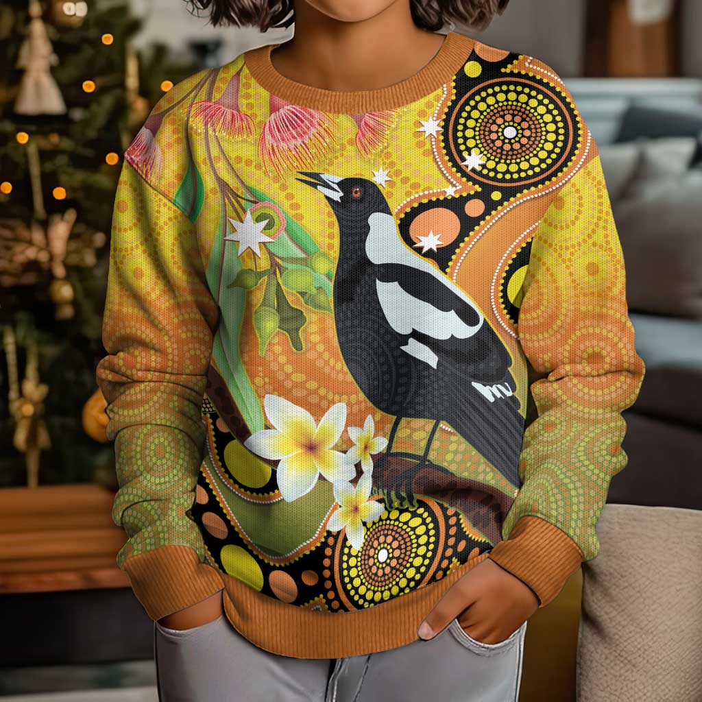 Australia Eucalyptus Flower And Magpie Kid Ugly Christmas Sweater Aboriginal Art - Aussie Hoodie