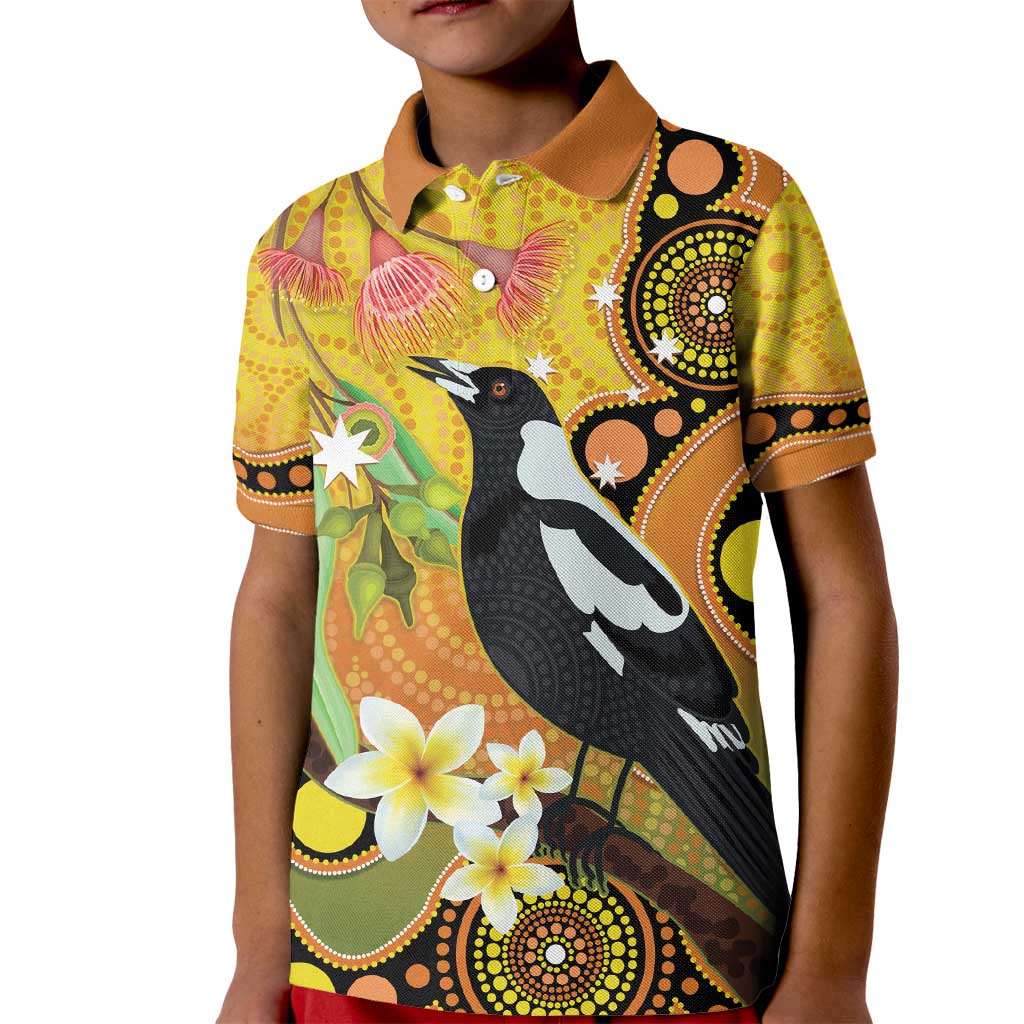 Australia Eucalyptus Flower And Magpie Kid Polo Shirt Aboriginal Art