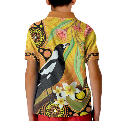 Australia Eucalyptus Flower And Magpie Kid Polo Shirt Aboriginal Art