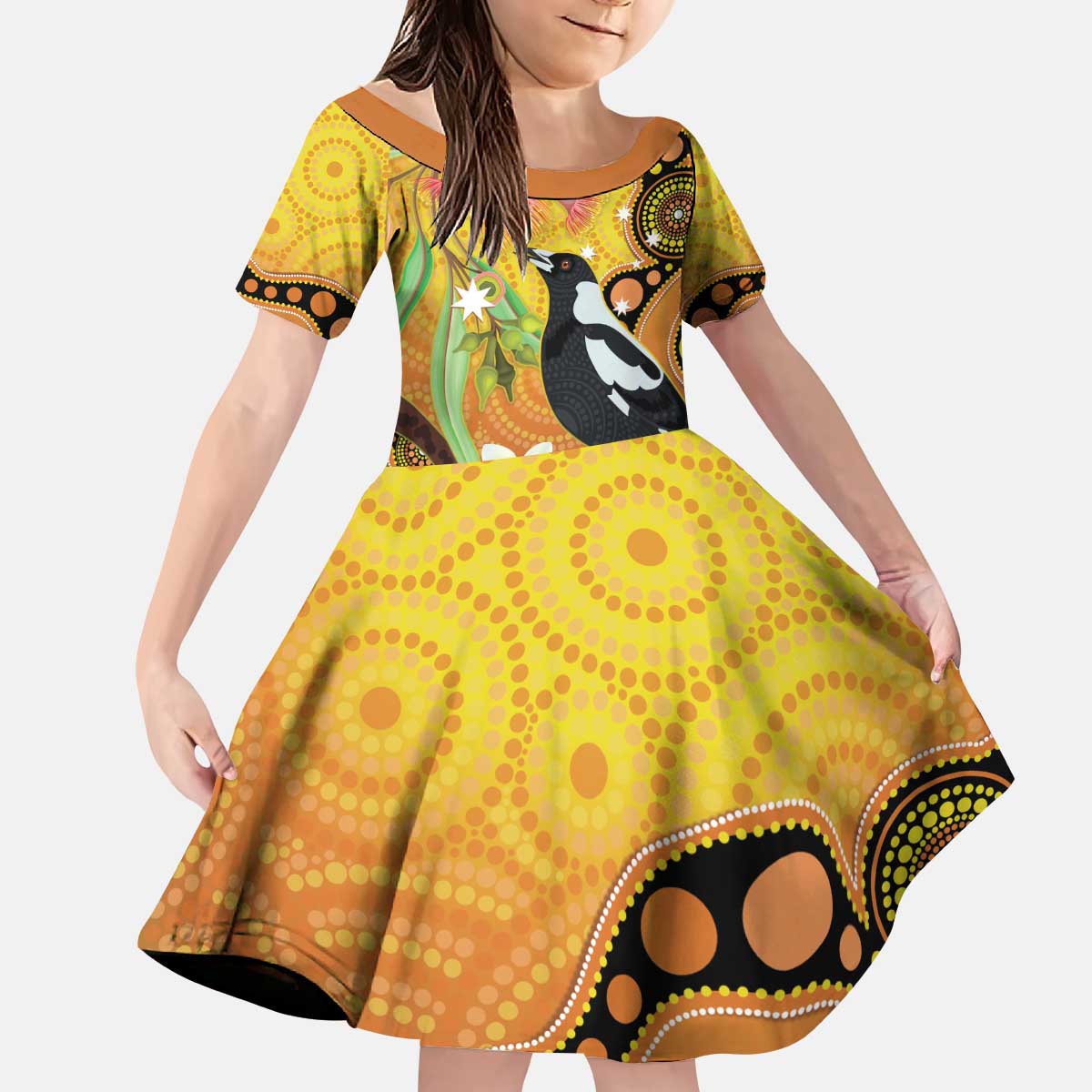 Australia Eucalyptus Flower And Magpie Kid Short Sleeve Dress Aboriginal Art