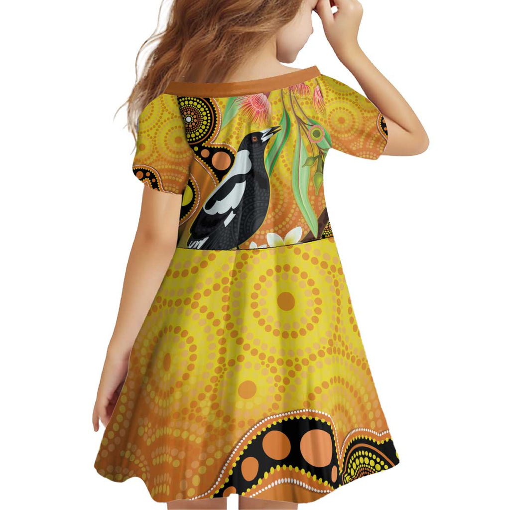 Australia Eucalyptus Flower And Magpie Kid Short Sleeve Dress Aboriginal Art