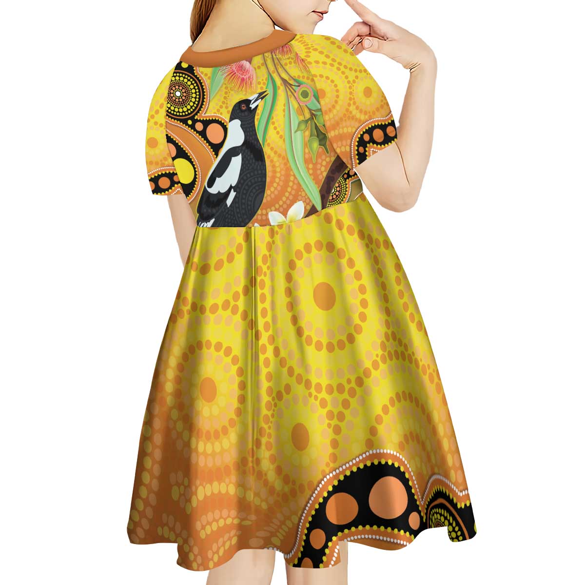 Australia Eucalyptus Flower And Magpie Kid Short Sleeve Dress Aboriginal Art