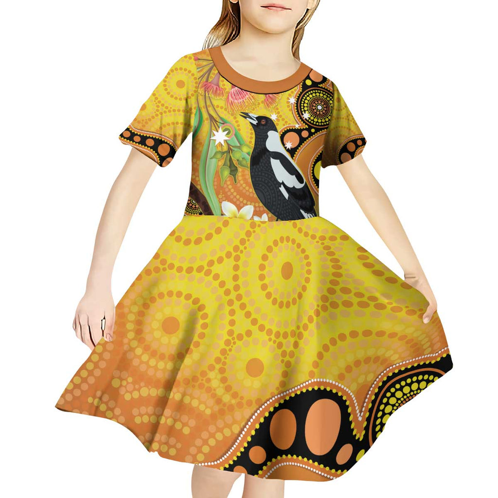 Australia Eucalyptus Flower And Magpie Kid Short Sleeve Dress Aboriginal Art