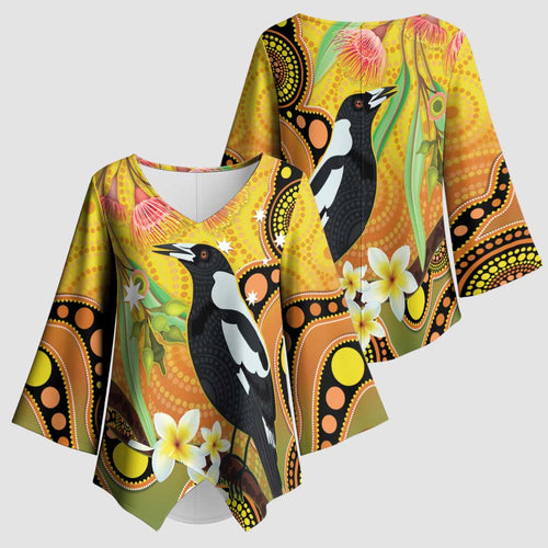 Australia Eucalyptus Flower And Magpie Kimono Sleeve Blouse Aboriginal Art - Aussie Hoodie