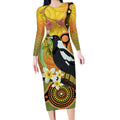 Australia Eucalyptus Flower And Magpie Long Sleeve Bodycon Dress Aboriginal Art