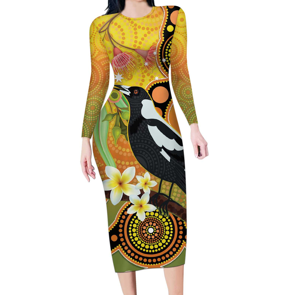 Australia Eucalyptus Flower And Magpie Long Sleeve Bodycon Dress Aboriginal Art