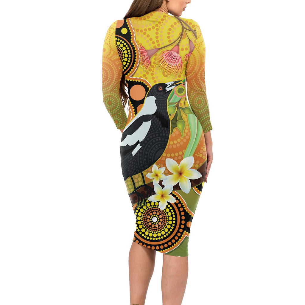 Australia Eucalyptus Flower And Magpie Long Sleeve Bodycon Dress Aboriginal Art
