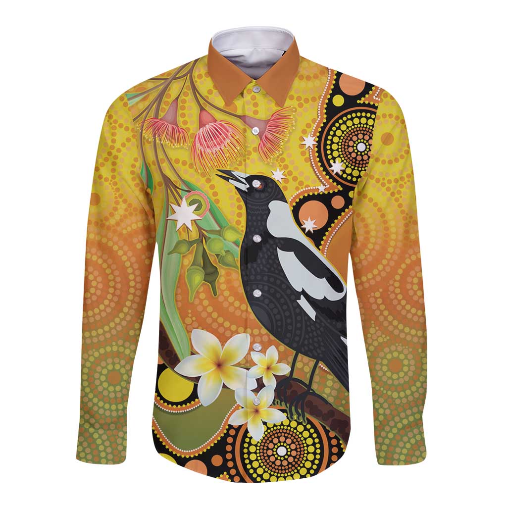Australia Eucalyptus Flower And Magpie Long Sleeve Button Shirt Aboriginal Art