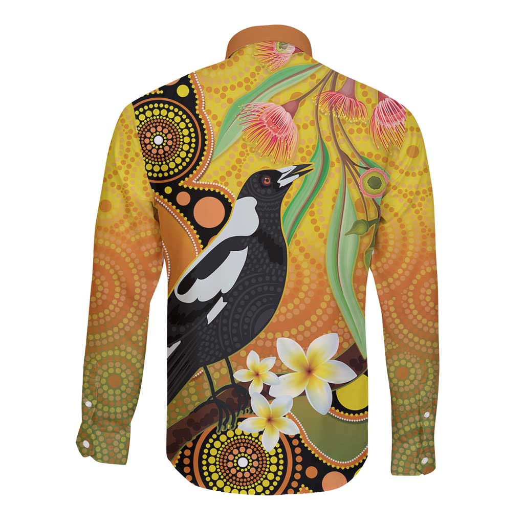 Australia Eucalyptus Flower And Magpie Long Sleeve Button Shirt Aboriginal Art