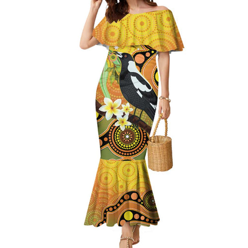 Australia Eucalyptus Flower And Magpie Mermaid Dress Aboriginal Art
