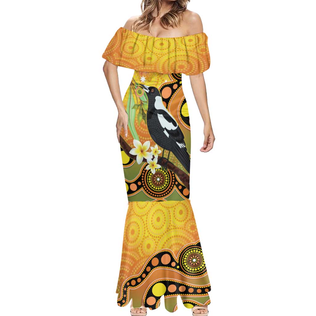 Australia Eucalyptus Flower And Magpie Mermaid Dress Aboriginal Art