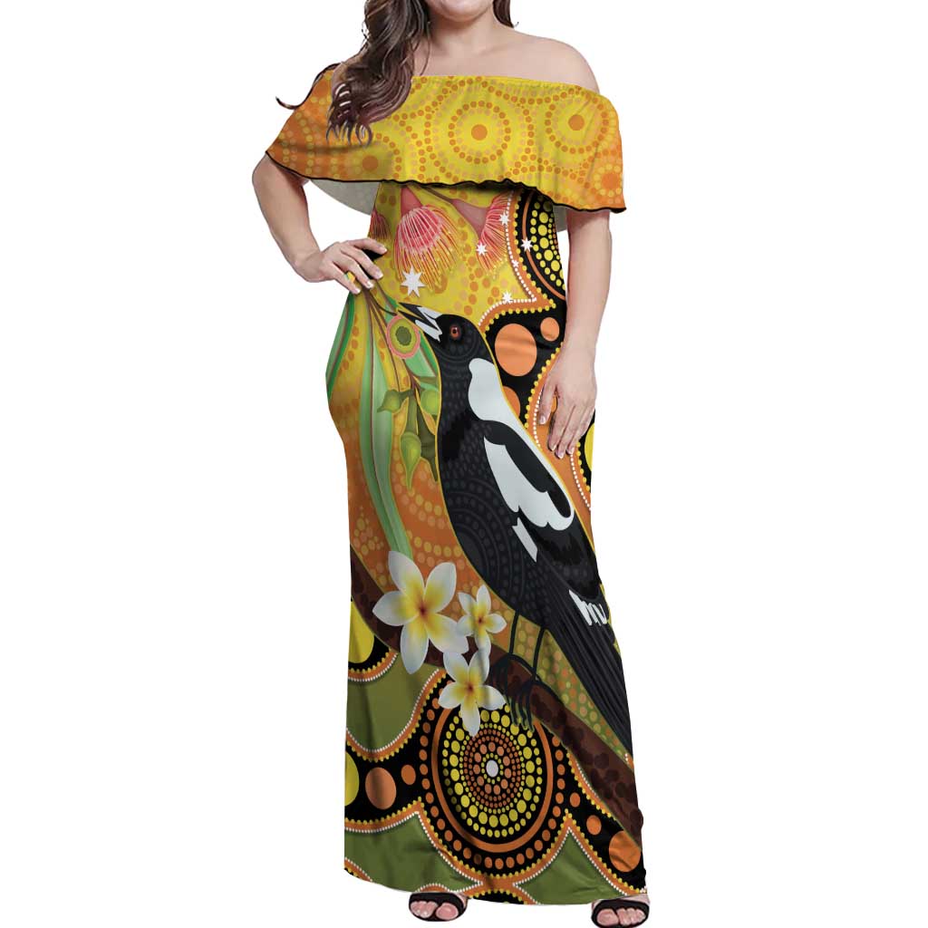 Australia Eucalyptus Flower And Magpie Off Shoulder Maxi Dress Aboriginal Art