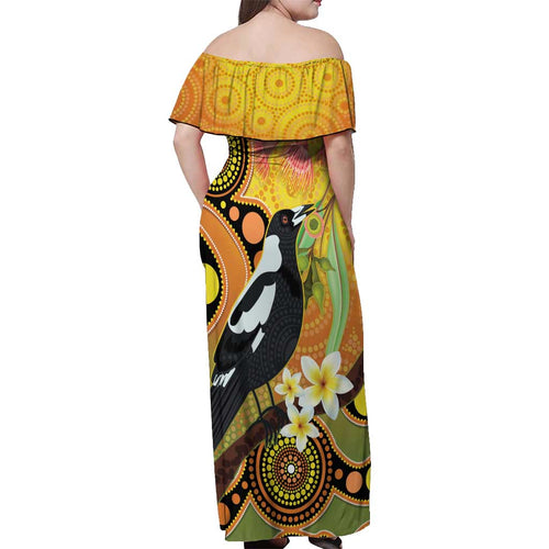 Australia Eucalyptus Flower And Magpie Off Shoulder Maxi Dress Aboriginal Art