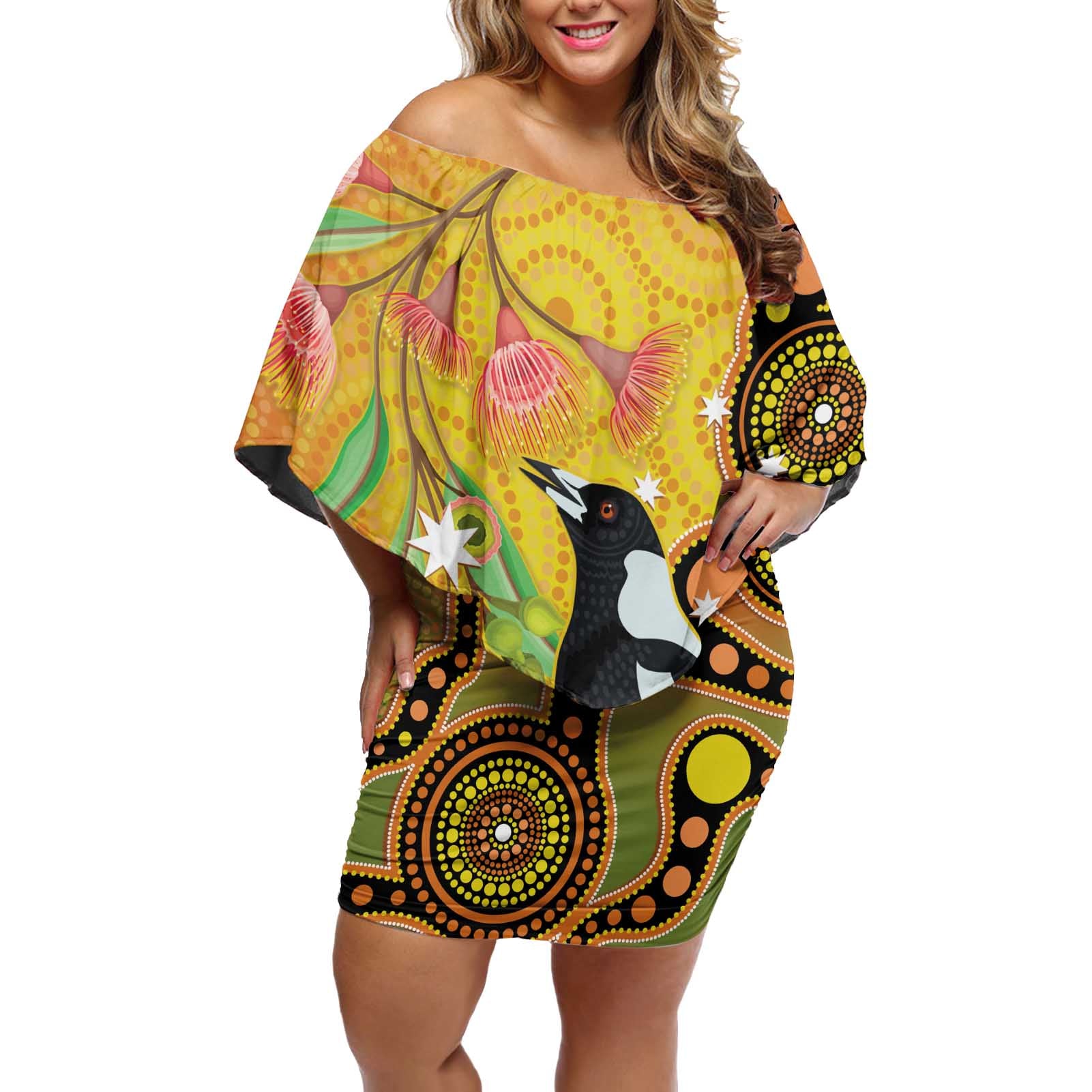 Australia Eucalyptus Flower And Magpie Off Shoulder Short Dress Aboriginal Art