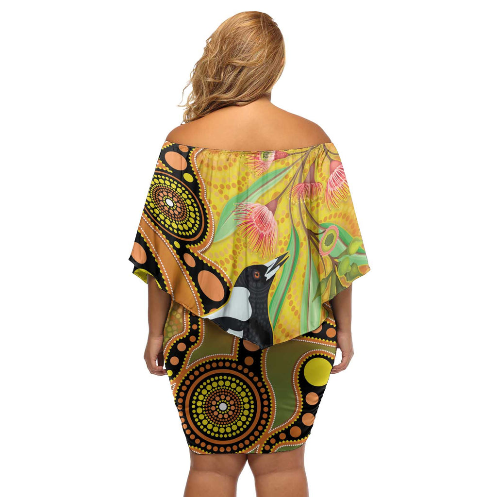 Australia Eucalyptus Flower And Magpie Off Shoulder Short Dress Aboriginal Art