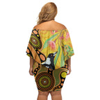 Australia Eucalyptus Flower And Magpie Off Shoulder Short Dress Aboriginal Art