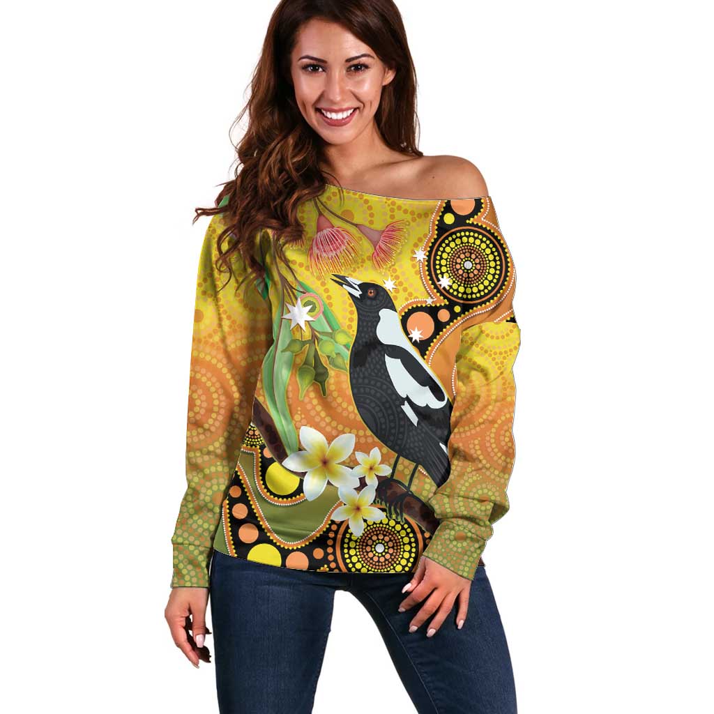 Australia Eucalyptus Flower And Magpie Off Shoulder Sweater Aboriginal Art