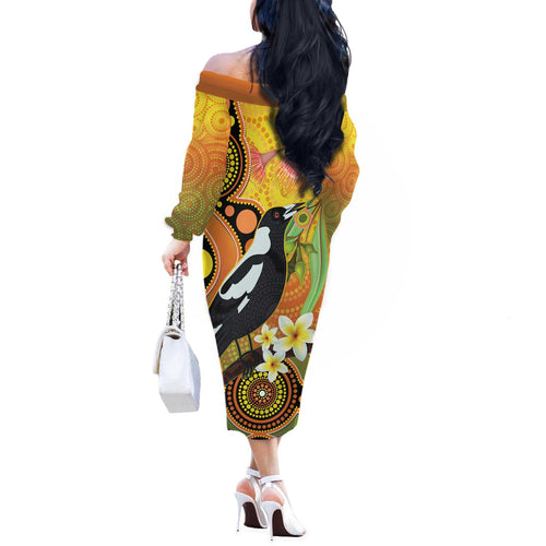 Australia Eucalyptus Flower And Magpie Off The Shoulder Long Sleeve Dress Aboriginal Art