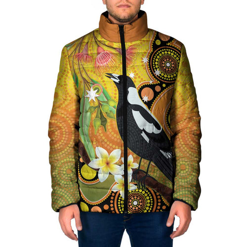 Australia Eucalyptus Flower And Magpie Padded Jacket Aboriginal Art - Aussie Hoodie