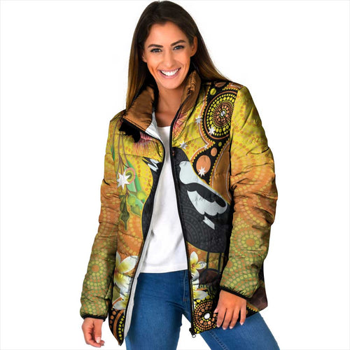 Australia Eucalyptus Flower And Magpie Padded Jacket Aboriginal Art - Aussie Hoodie