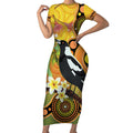 Australia Eucalyptus Flower And Magpie Short Sleeve Bodycon Dress Aboriginal Art