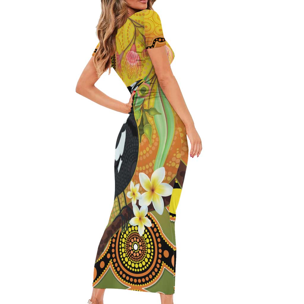 Australia Eucalyptus Flower And Magpie Short Sleeve Bodycon Dress Aboriginal Art