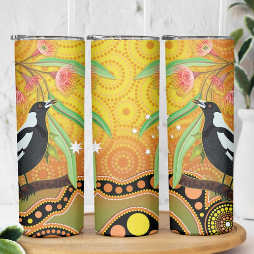 Australia Eucalyptus Flower And Magpie Skinny Tumbler Aboriginal Art