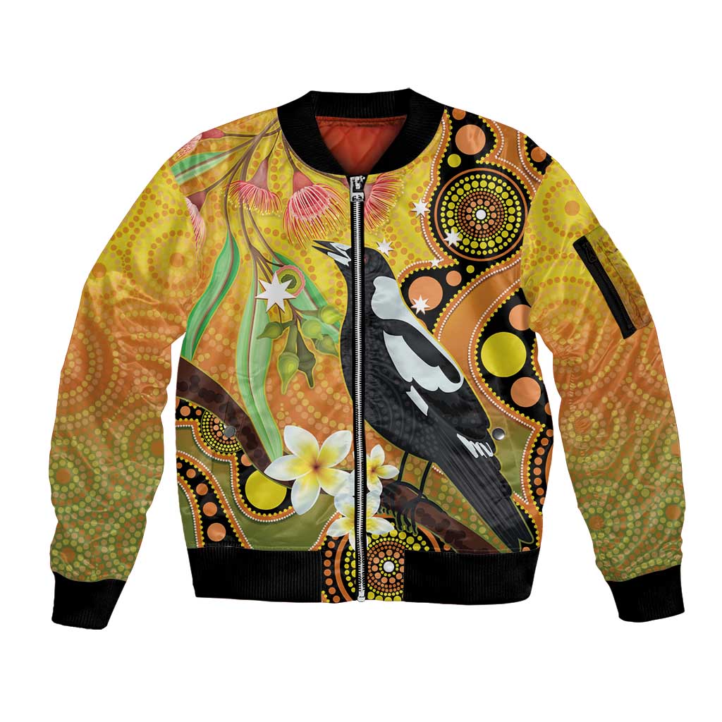 Australia Eucalyptus Flower And Magpie Sleeve Zip Bomber Jacket Aboriginal Art