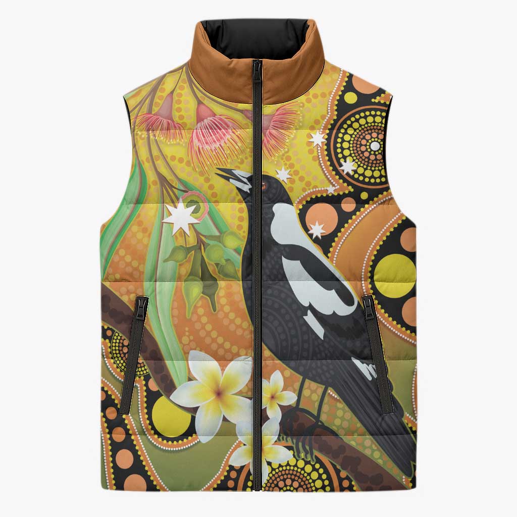 Australia Eucalyptus Flower And Magpie Sleeveless Puffer Jacket Aboriginal Art - Aussie Hoodie
