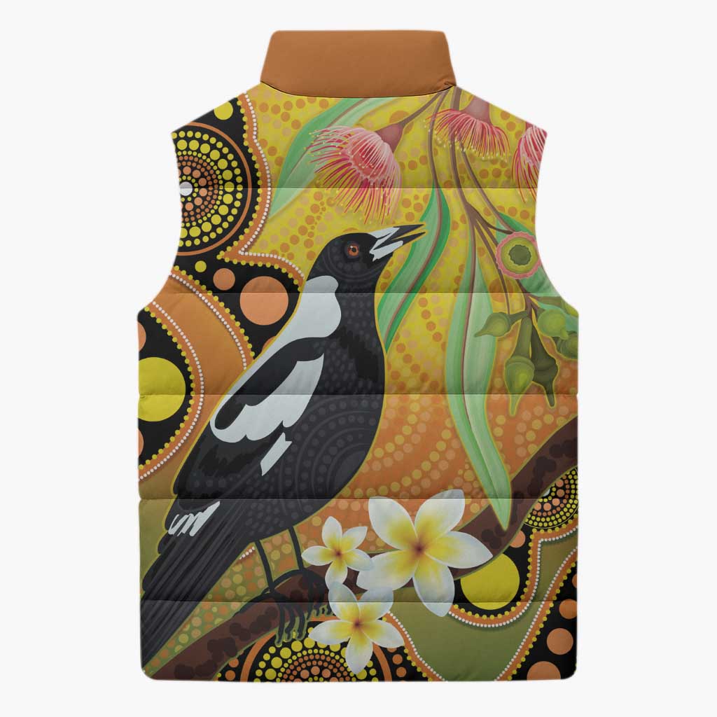 Australia Eucalyptus Flower And Magpie Sleeveless Puffer Jacket Aboriginal Art - Aussie Hoodie